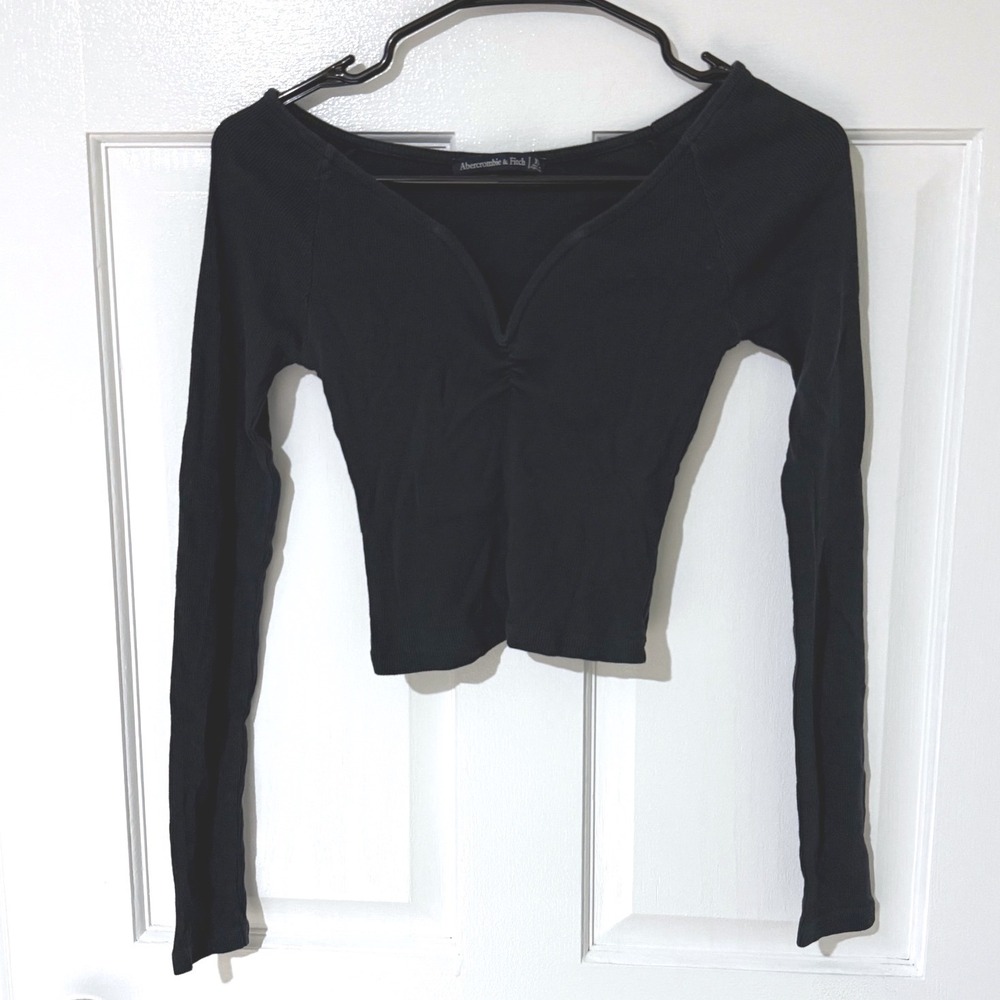 Abercrombie & Fitch‎ Womens Black Ribbed Notched Sweetheart Long Sleeve Crop XS